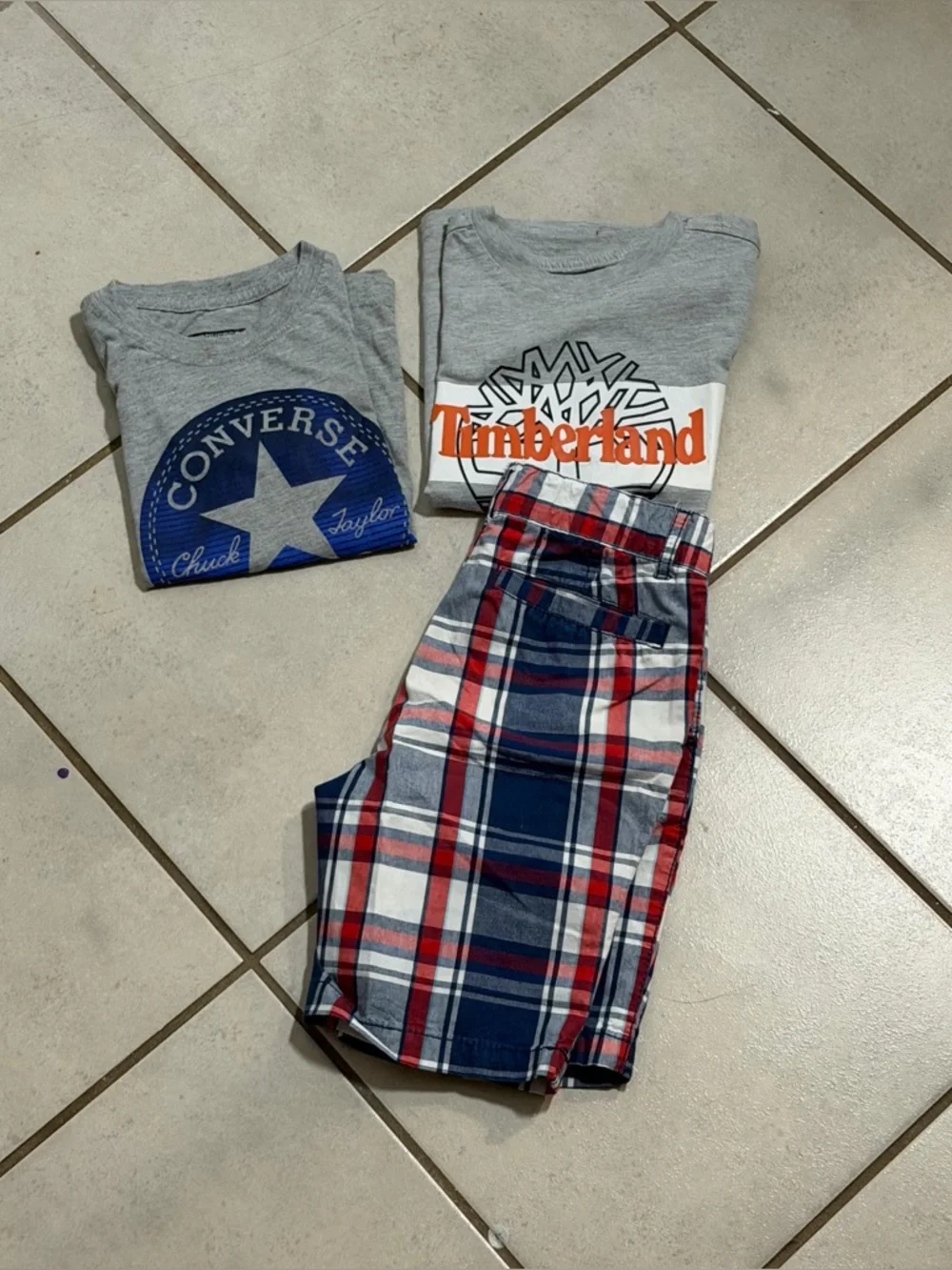 Converse, Timberland, Children’s Place Kids Boys Gray Logo Tees, Shorts size 5-6